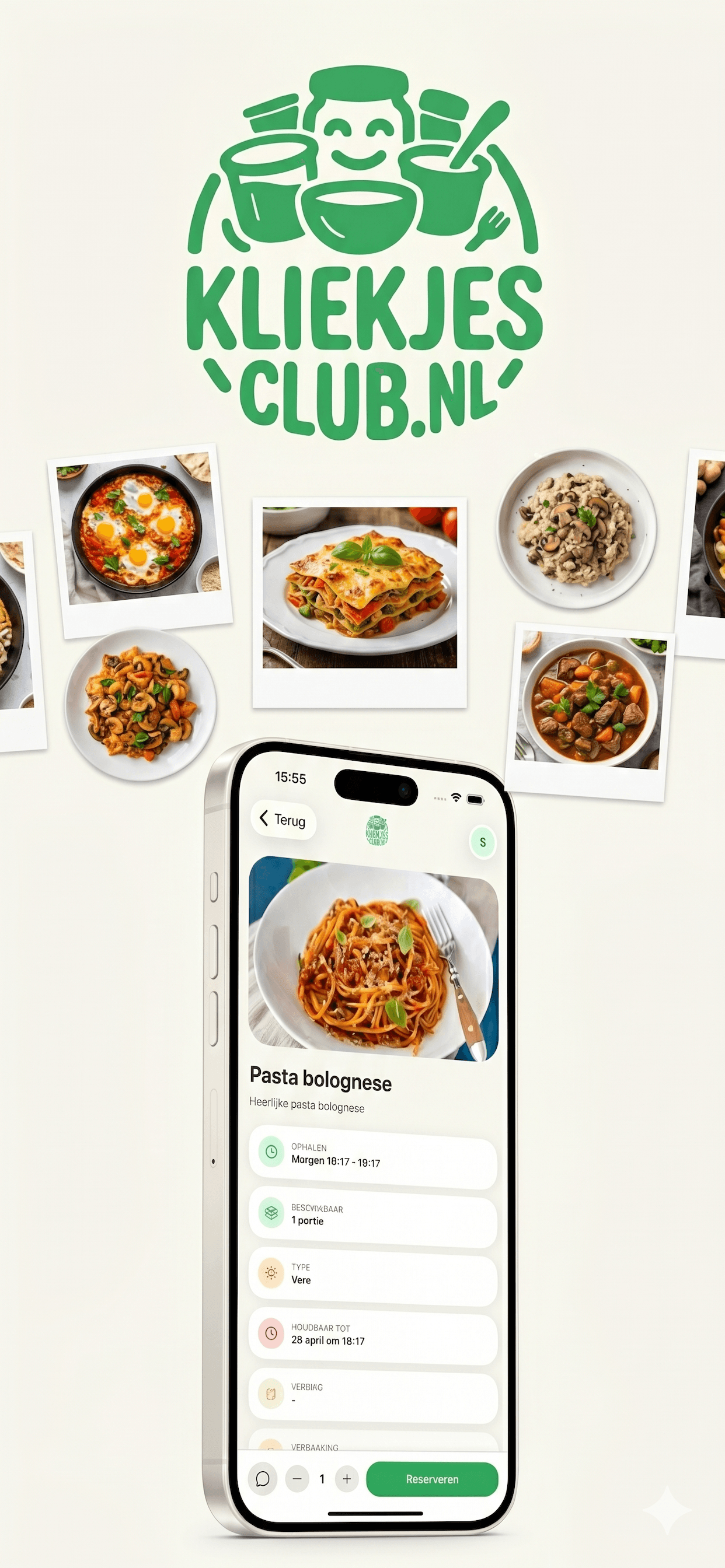 Screenshot van de Kliekjesclub-app: een gerecht met afhaaltijd, locatie en bevestigingsknop.